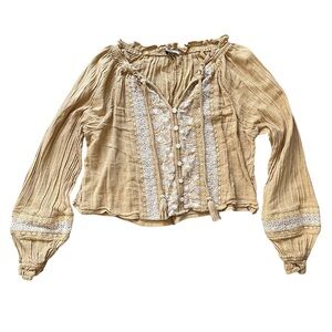 🌼 American Eagle Women's Yellow Embroidered Boho Peasant Crop Top Medium